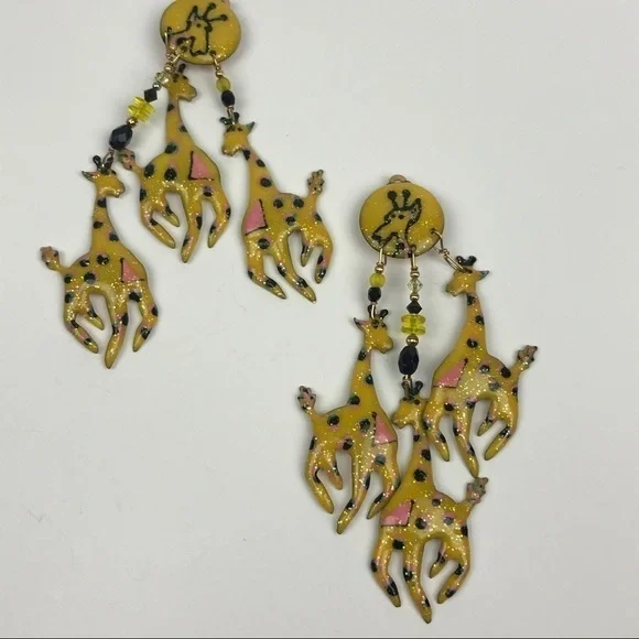 Vtg Lunch at the Ritz Giraffe 1988 Drop Earrings